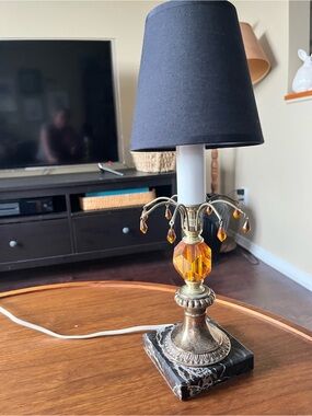 Vintage Style Amber Crystal Table Lamp with Black Italian Marble Base